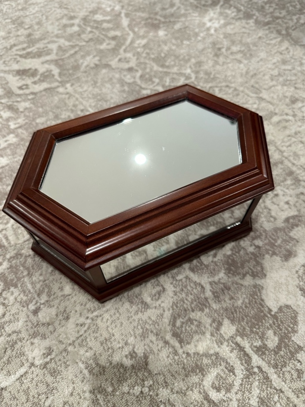 Octagonal Mirror Top Jewelry Box - Dark Wood Finish